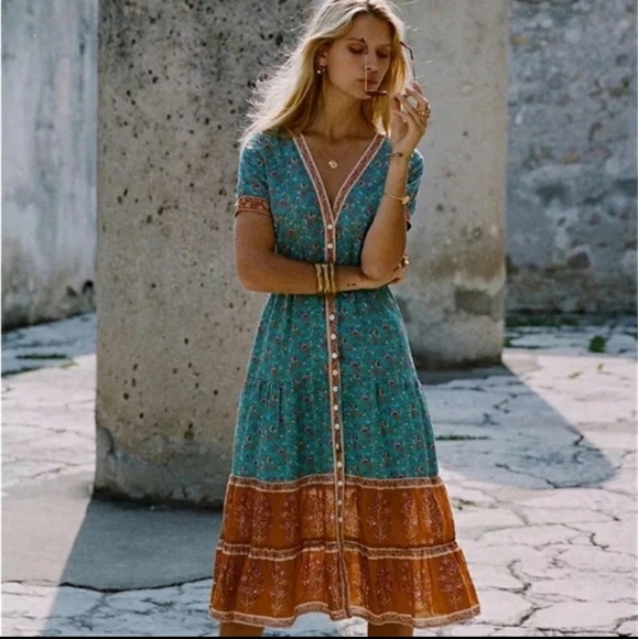 Border print button front midi dress - Picture 2 of 9